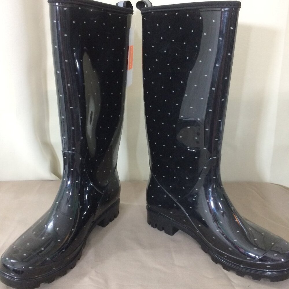 NEW Hisea Rain Boot Womens Mid Calf Polka Dot Navy Fabric Inside Size 6